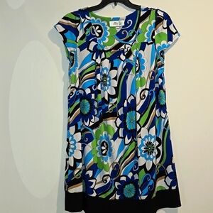 Dby Limited blue green white black floral dress. Size 14 petite.